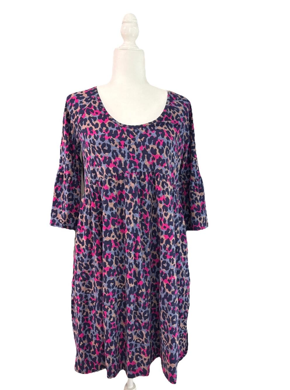 Pact A-Line Babydoll Dress Womens S Purple Blue Pink Animal Print Round Neck